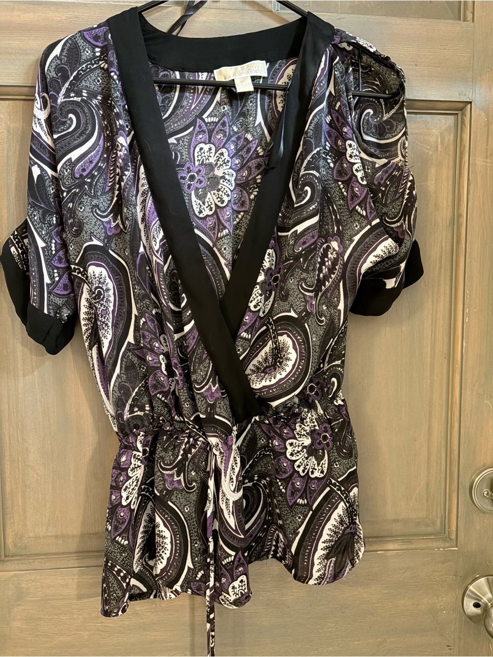 MICHAEL Michael Kors Black and Purple Paisley Wrap Blouse with Tie